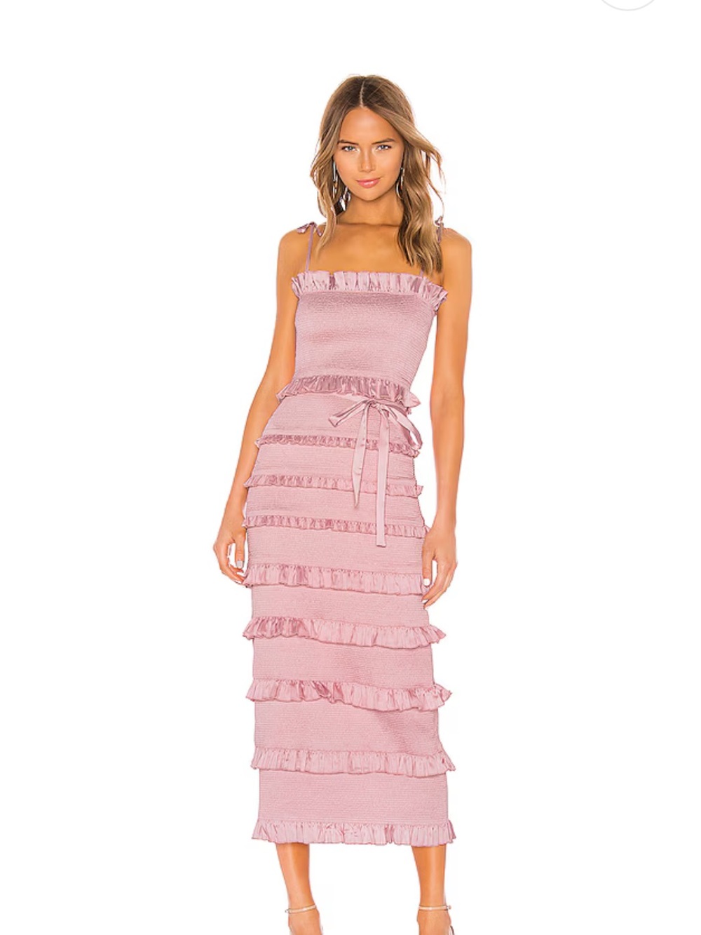 V. Chapman Pink Smocked Ruffle Tiered Midi Dress